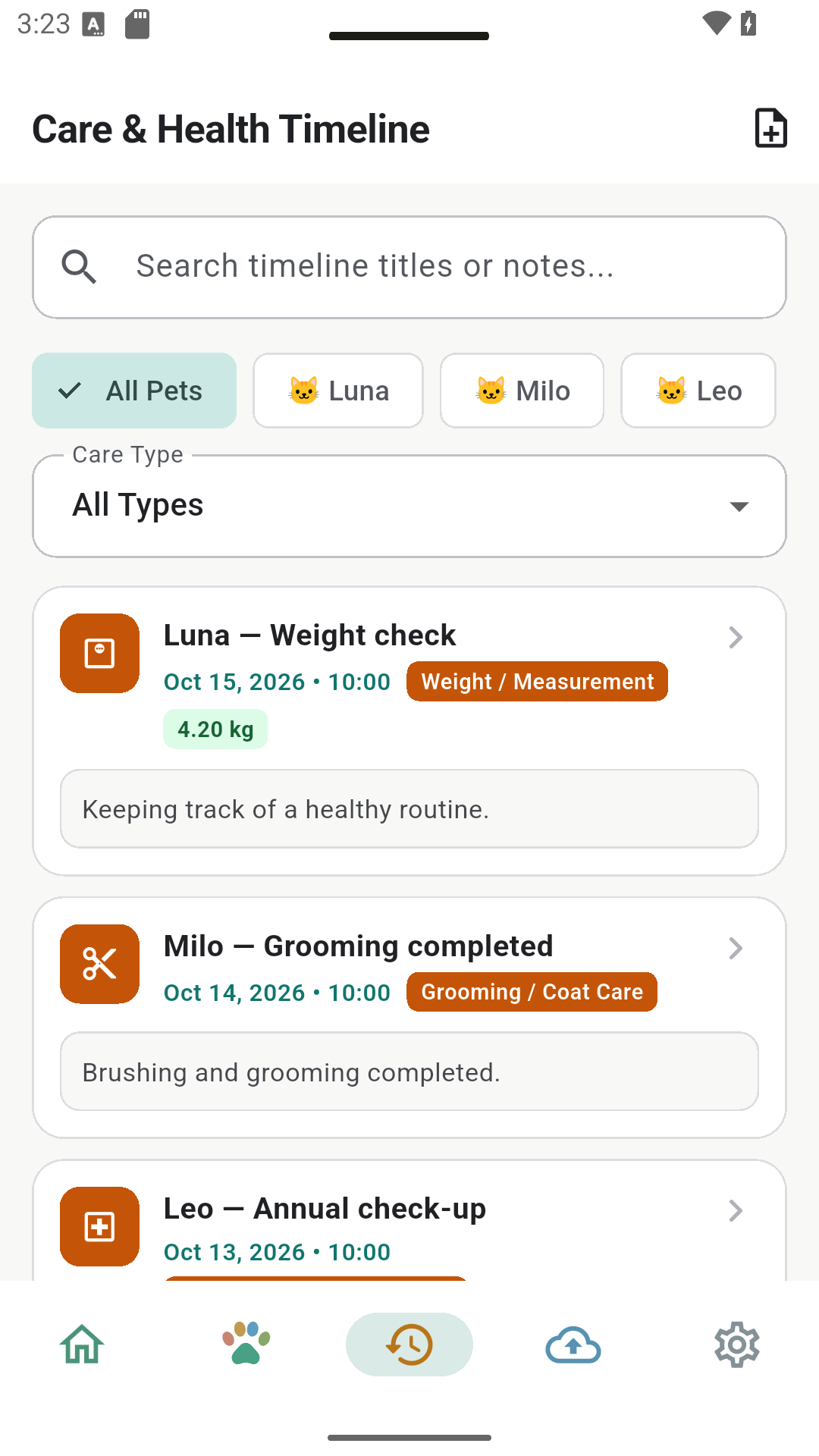 Care history with completed activities