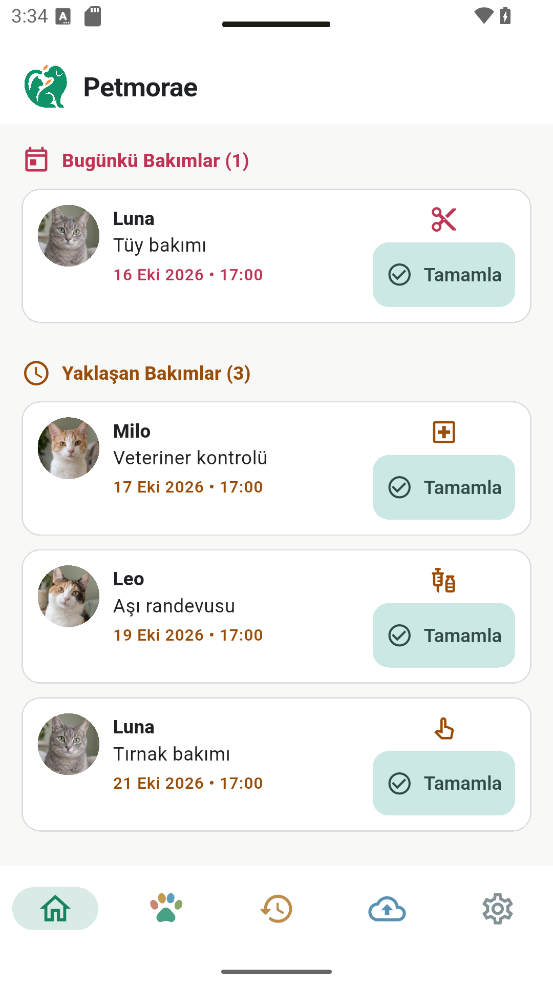 Dört bakım görevi içeren ana ekran
