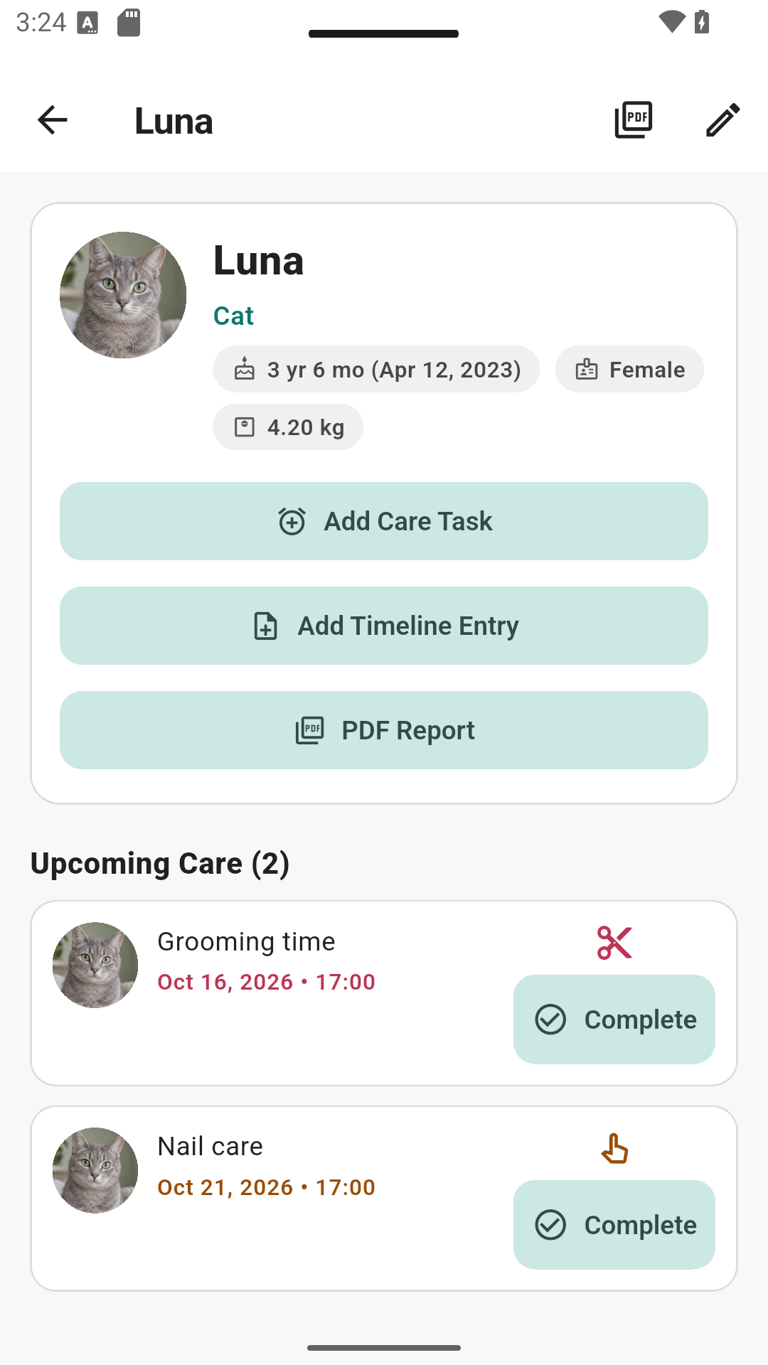 Luna’s profile and upcoming grooming tasks